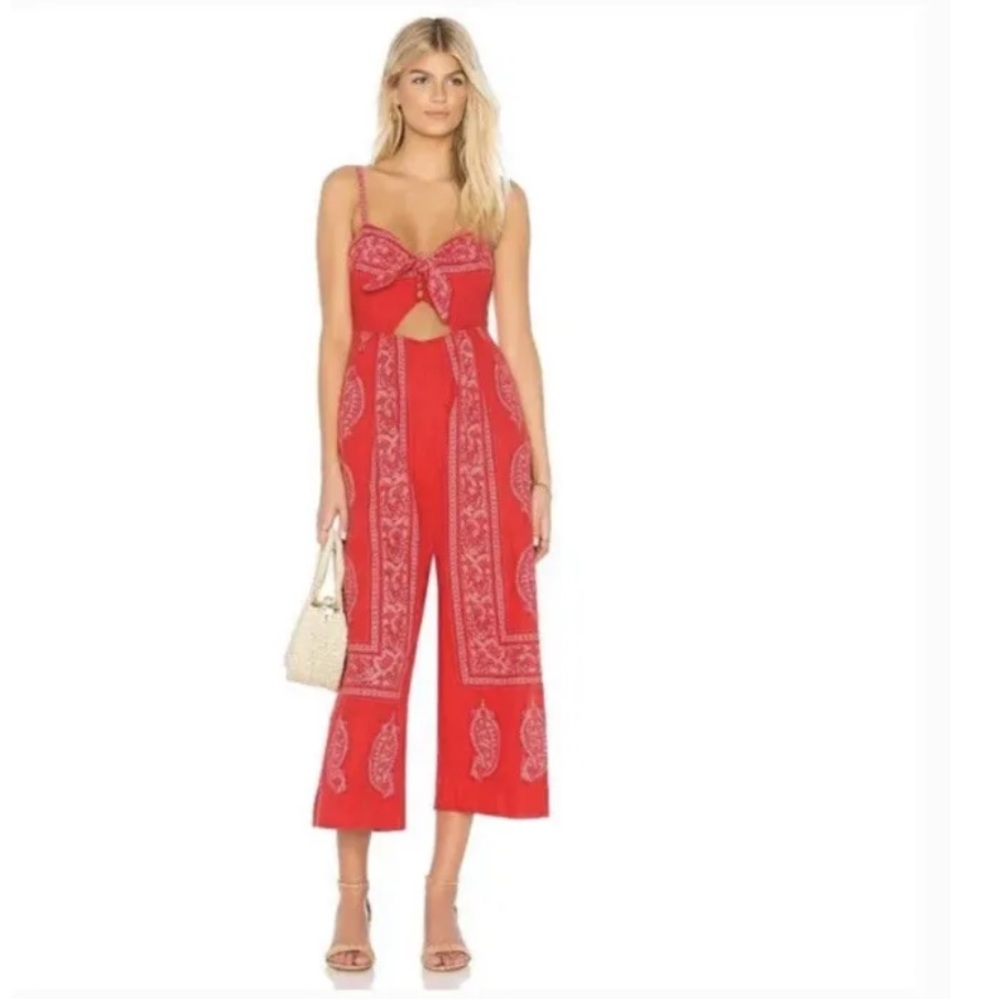 Free People Feel The Sun Red Bandana Print Linen Sleeveless Jumpsuit